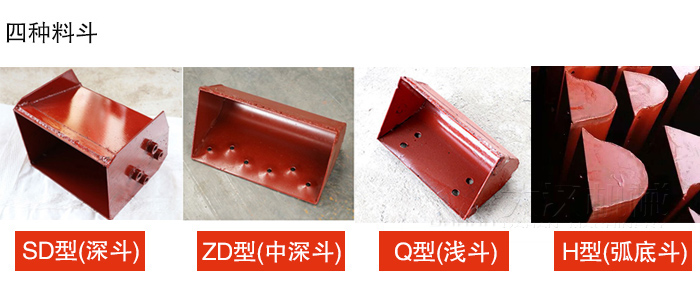 四種料鬥Q型(淺鬥)、H型(弧底鬥)、ZD型(中深鬥)SD型(深鬥)展示圖